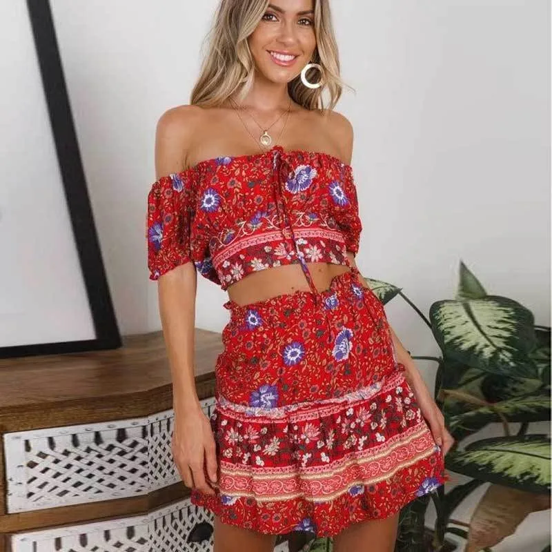 Pattern 6 Женский комплект из 2 предметов в богемном стиле с цветочным принтом, на шнуровке, укороченный топ, драпированная плиссированная юбка, костюмы в винтажном стиле на бретельках, комплект из 2 предметов - Цвет: Pattern 6