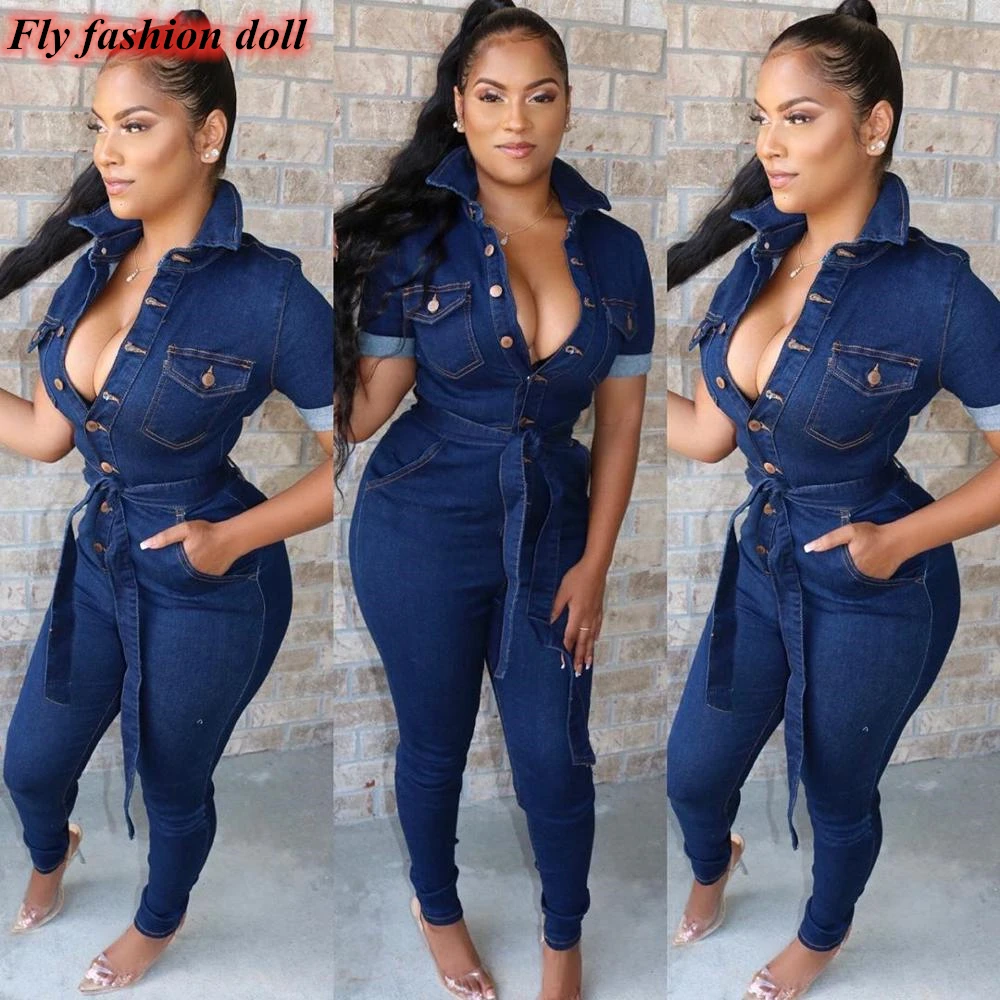 

Sexy bodysuit tracksuit rompers womens jumpsuit skinny short sleeve long pants slim cotton denim overalls combinaison femme