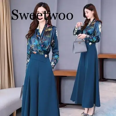 

Women's Sets Spring and Autumn New Fashion Elegant Set Korean Slim V-neck Print Top High waist Loose Wide Leg Pants Two-piece