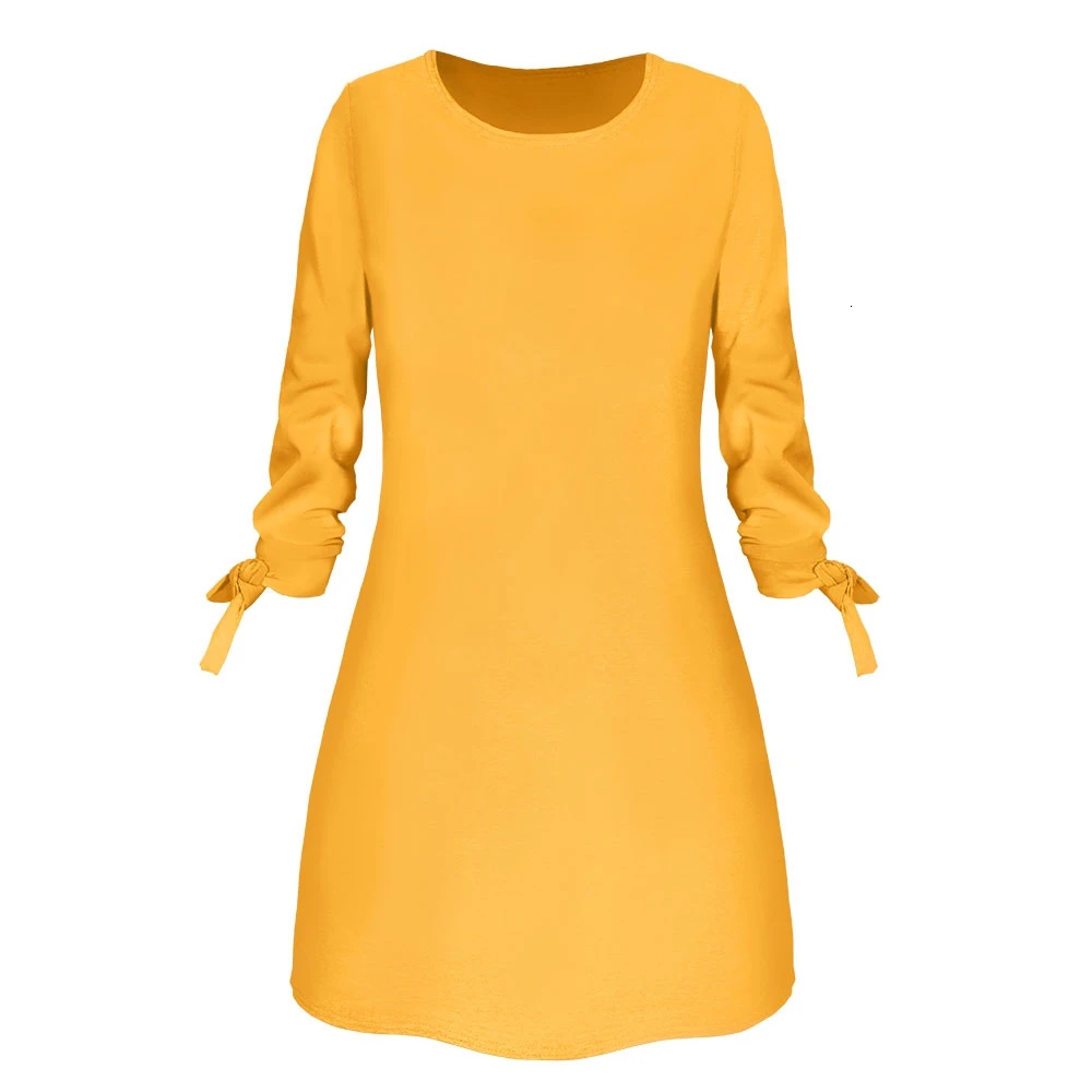 RICORIT Модное Элегантное одноцветное платье с круглым вырезом и длинными рукавами, повседневное офисное женское платье Vestido - Цвет: Yellow
