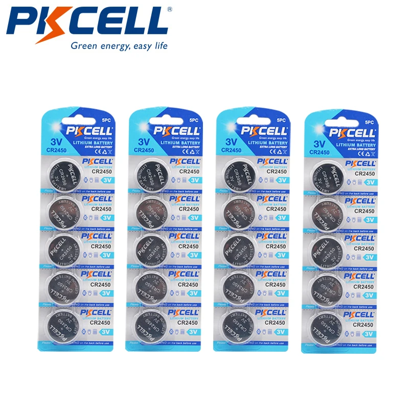 Набор кнопочных батарей PKCELL CR2450 ECR2450 20 шт./4 карты литиевая батарея 3 в для часов