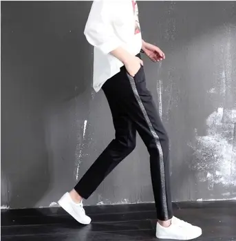 

2019 New Womens Spring Mid Waist Harem Pants Stripes Printed Long Jogger Trousers Slim Drawstring Elastic Pockets