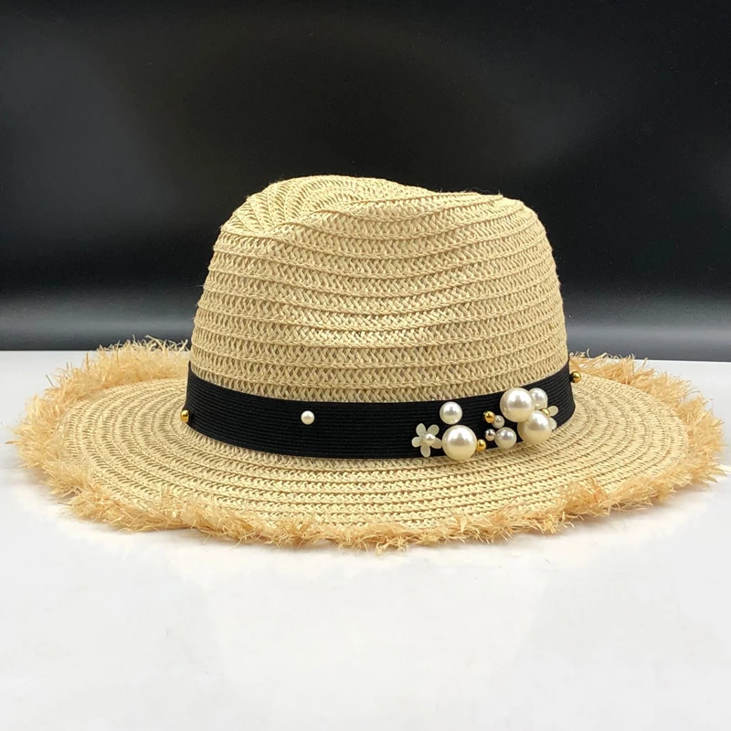 Новый рафия соломенная шляпа на лето и весну для женщин шляпа для туризма Досуг жемчуг пляж Защита от Солнца шапки черный дышащий мода