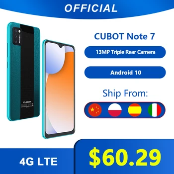 Перейти на Алиэкспресс и купить Cubot Note 7 смартфон AI тройные камеры 13 МП Поддержка Распознавания лица 5,5 дюйм экран капли воды 3100 мАч Батарея 4G LTE Сети, Google Android 10, две sim-карты, мобил...