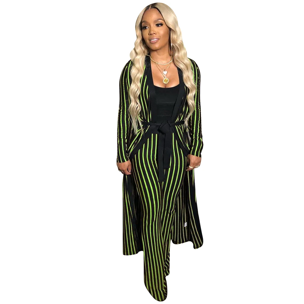 

Sexy Striped Two Pieces Sets Woman Autumn Plus Size Long Sleeve Coat With Sashes+Wide Leg Pants Casual Fashion Trouser Outfits
