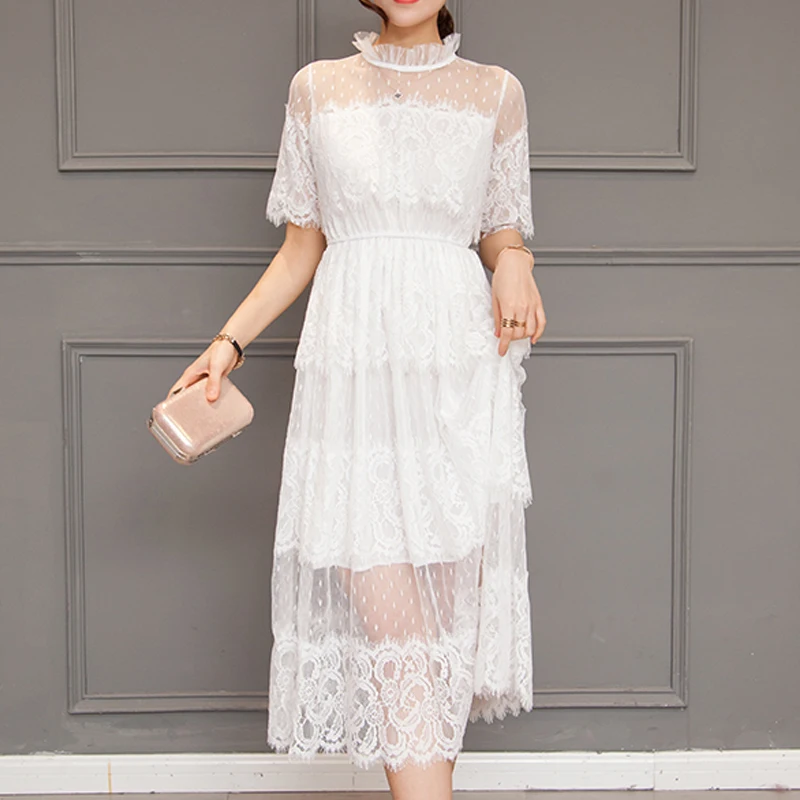 

Plus Size Women Fashion Dress Stand Collar Short Sleeve Lace Dress Transparent Mesh Midi Dress Vestidos 2019 Autumn