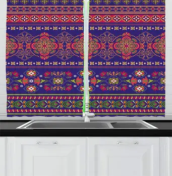 

Paisley Kitchen Curtains Floral Pattern in Border Design of Flowers Geometrical Shapes and Lines Print Window Drapes for Kitchen