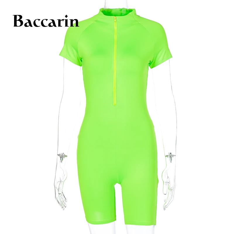 

Baccarin neon zipper women playsuit short sleeve bodycon sexy streetwear 2020 summer clothes outfit combishort club party sports