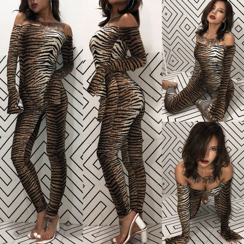 Горячие сексуальные Jumosuit Для женщин с длинными рукавами и открытыми плечами с леопардовым принтом Детский комбинезон с принтом "Для женщин s Комбинезоны Bodycon верхняя часть комбинезона