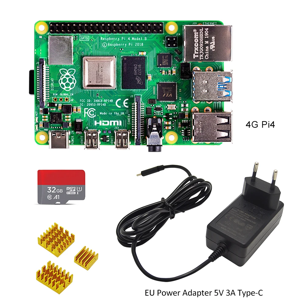 Официальная макетная плата Raspberry Pi 4 Модель B 4 ГБ ОЗУ+ адаптер питания для ЕС/США 5 в 3 А Блок питания type-C+ радиатор+ sd-карта 32 Гб