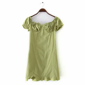 

2020 Spring Women's New French Avocado Green Retro Square Collar Puff Sleeve Ruffled Waist Thin Waist Mini Dress