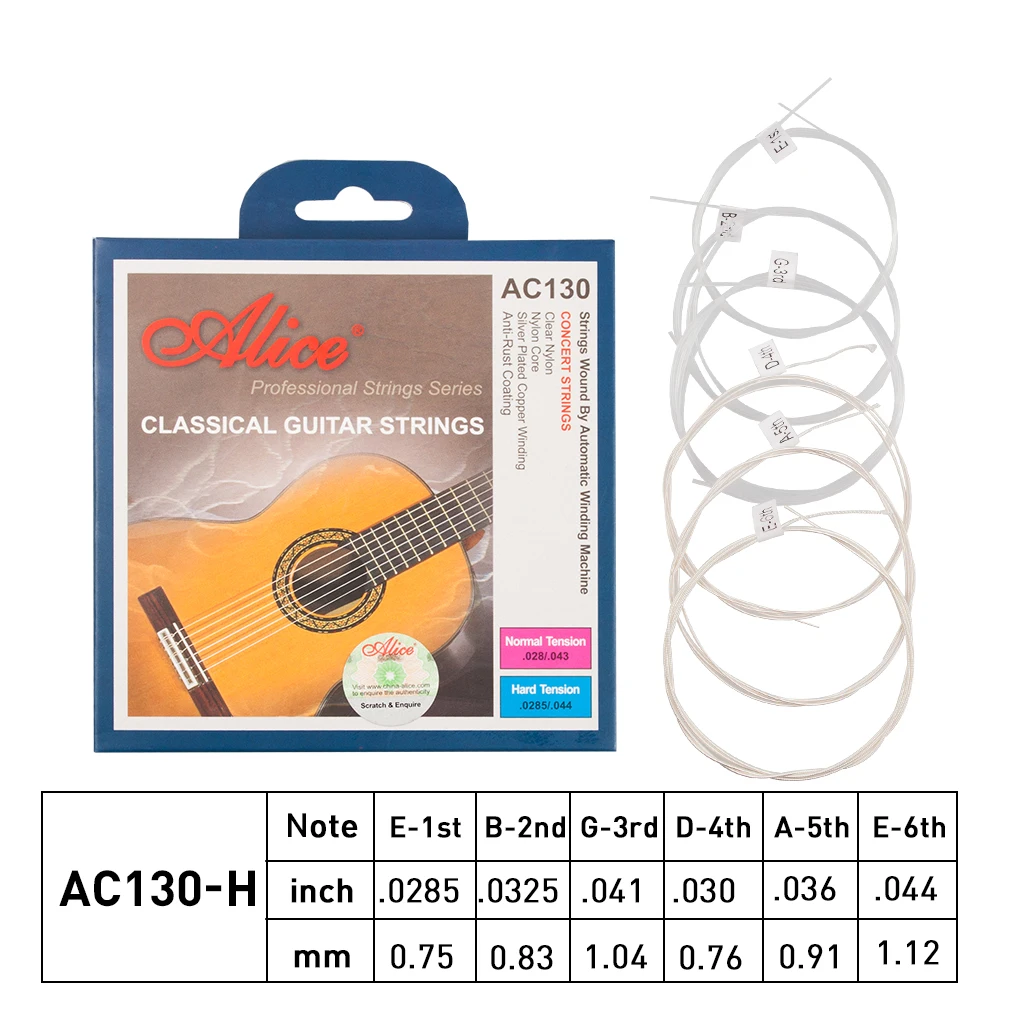 

Alice AC130-H 6pcs/set Nylon Classical Guitar Strings (.0285-.044) Hard Tension / (.028-.043) Normal for Option 1 set