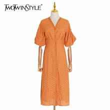 TWOTWINSTYLE Summer Vintage Solid Women Dress V Neck Puff Sleeve High Waist Button Hollow Out Midi Dresses Female Fashion 2020
