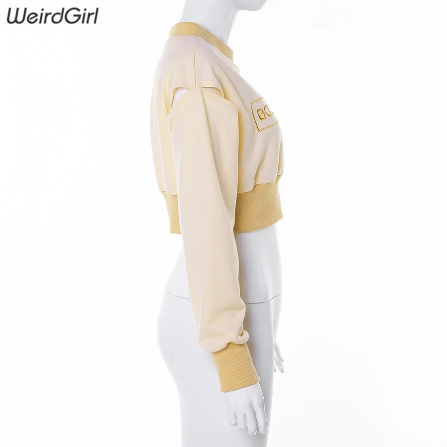 Weirdgirl женские балахоны с вышивкой, Модные женские повседневные укороченные топы, свитшоты, лоскутные, с круглым вырезом, с длинными рукавами, осень