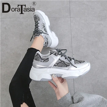 

DORATASIA 36-41 New INS Hot Ladies Lace Up Sneakers Casual Dad Flats Women Fashion Snake Verins Prints Patchwork Shoes Woman