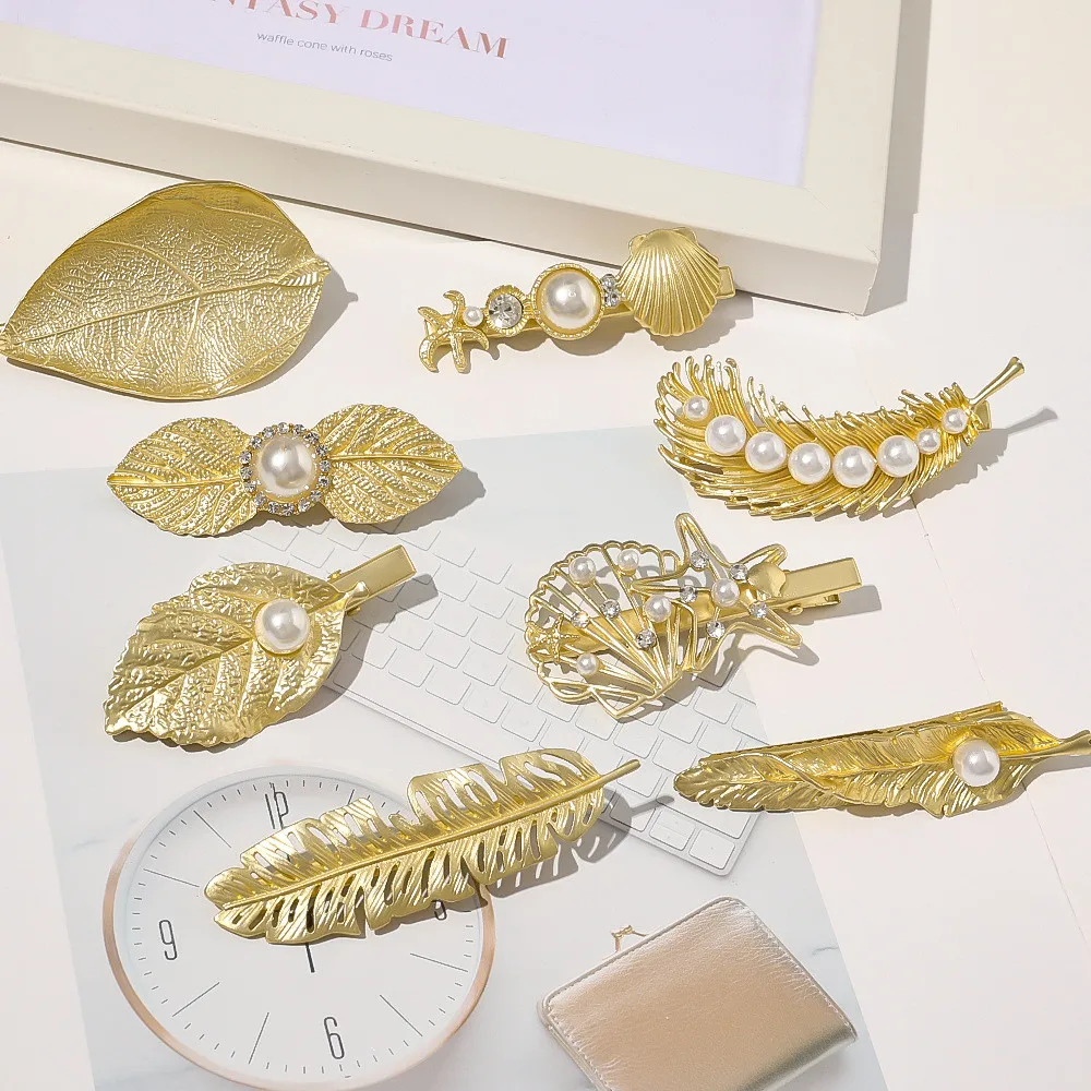

Fashion Retro Metal Alloy Hair Clip Feather Leaf Pearl Duckbill Clip Hairpin Side Clip Hair Accessories For Women Girl Party