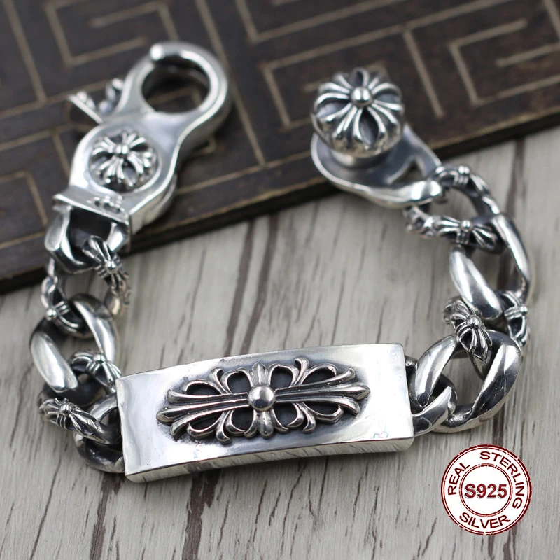

S925 Men's bracelet in Sterling Silver Personality trend domineering Crusader flowers Punk style retro classic Send a gift lover