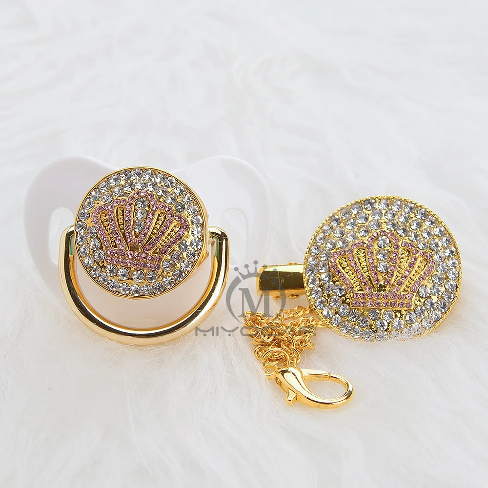 Chupeta e Clipe de Chupeta Miyocar Ouro Bonito Bling Rosa Coroa Conjunto Bpa Livre Manequim Design Exclusivo Apcb-8 12 chupeta e clipe de chupeta conjunto bpa
