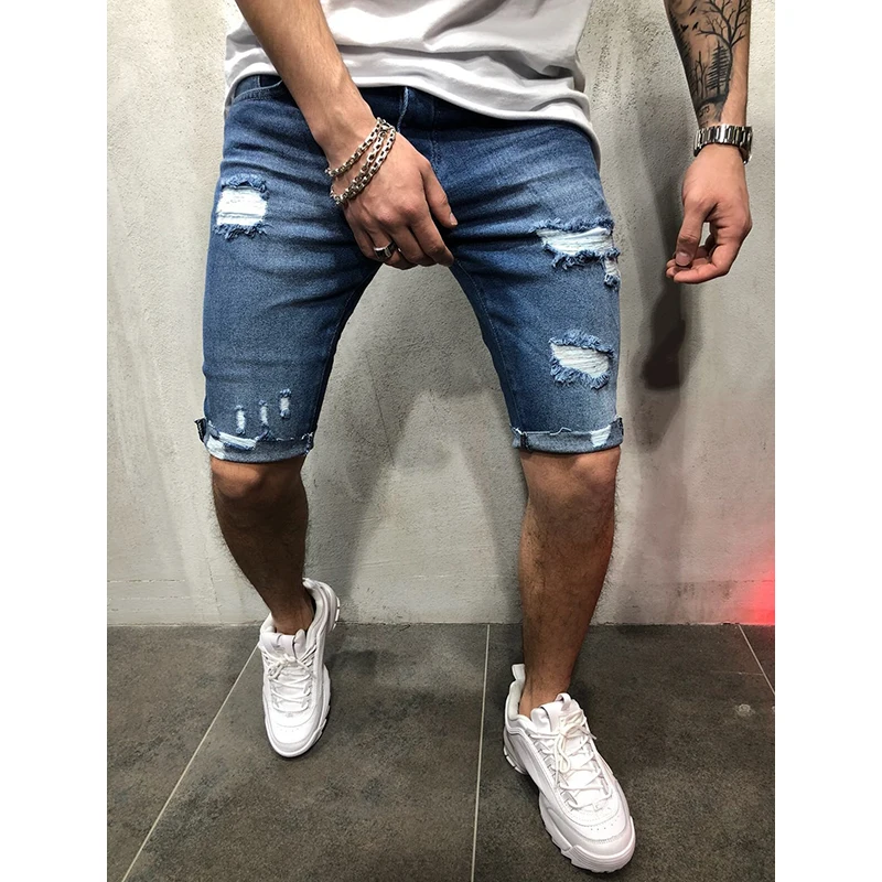 Фото Новые модные мужские повседневные шорты джинсовые короткие брюки рваные скинни
