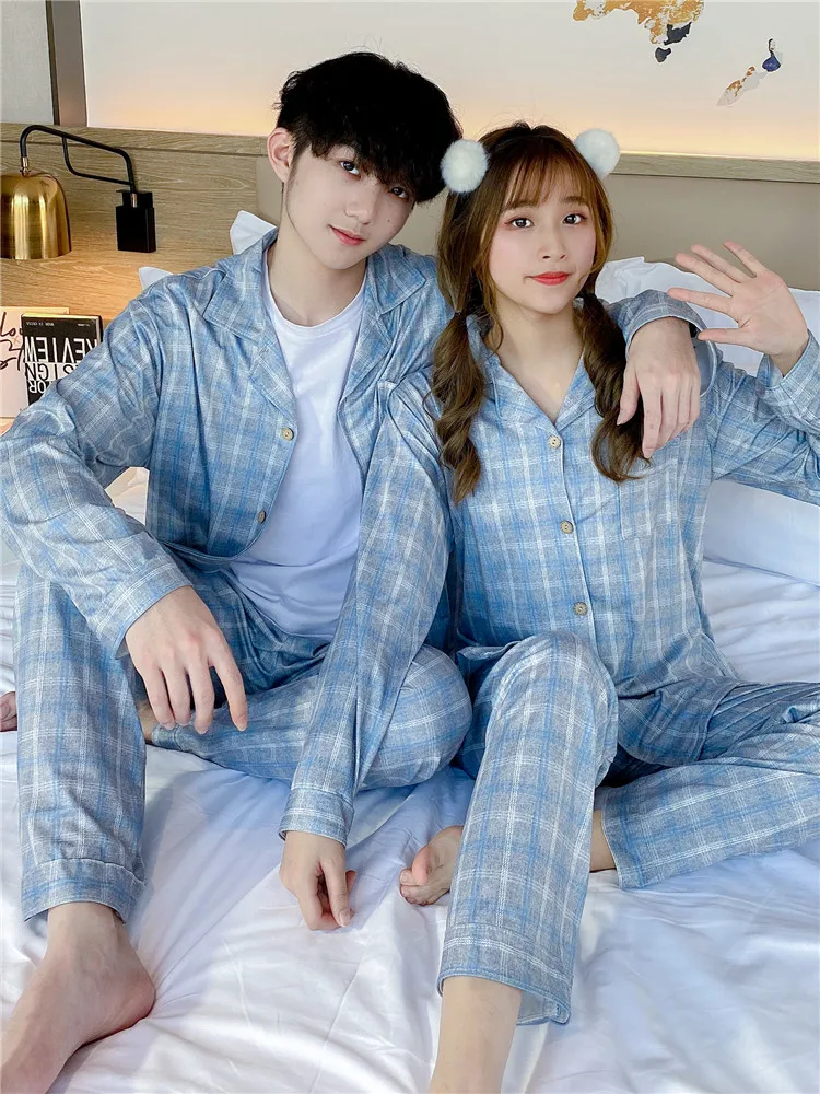 Pure Cotton Men Women Pajamas Set Plaid Couples Lovers Sleepwear Loose Shirts + Pants  Male Nightwear Plus Size Lounge Wear
