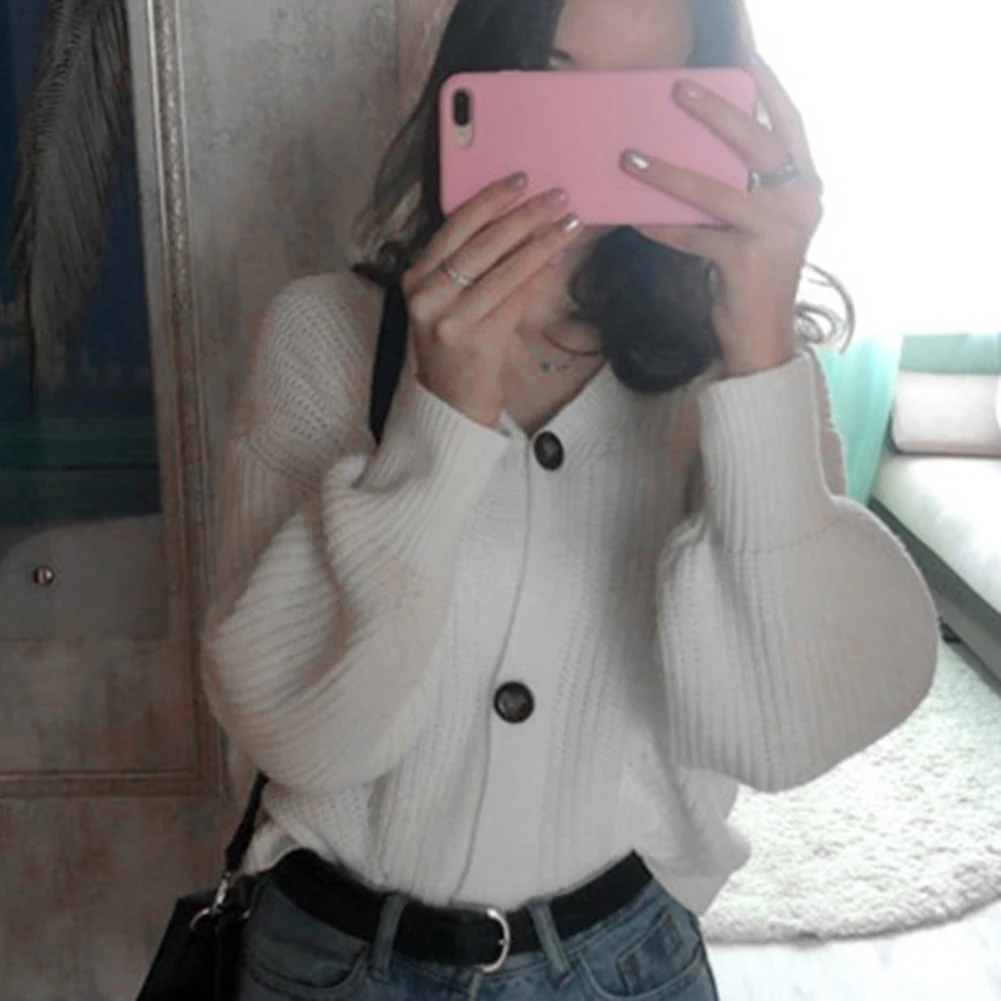 Женская свободная однотонная цветная, на пуговице, с v-образным вырезом, рукав летучая мышь, вязаный кардиган, свитер, пальто