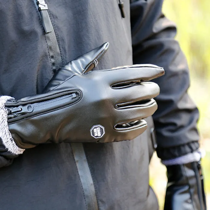 Зимние теплые мужские кожаные перчатки, черные перчатки с сенсорным экраном для мужчин, водонепроницаемые, для спорта на открытом воздухе, теплые варежки, полный палец, ручная работа