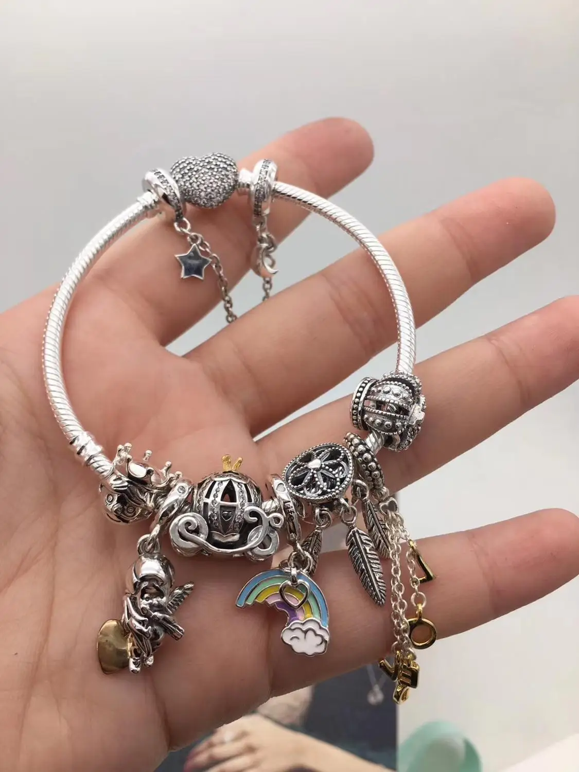 

Kristie Shop Quality 1:1 100% 925 Pure Silver Original Rainbow Angel Safety Buckle Bead Bracelet Free Shipping