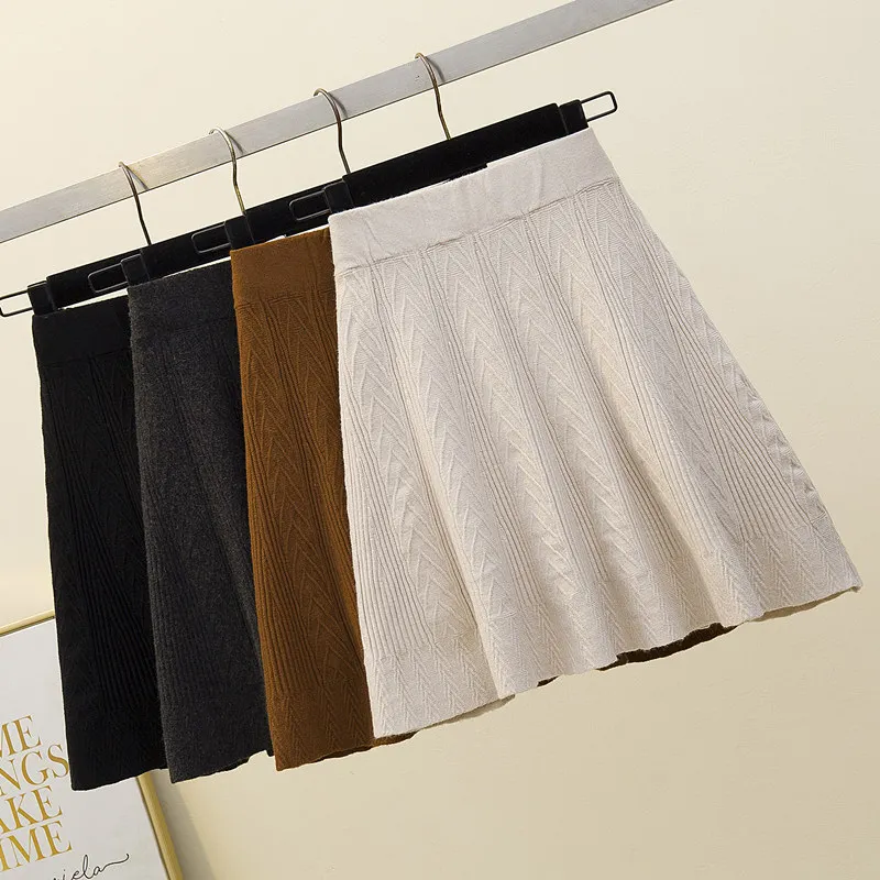 4 цвета, вязаные юбки для женщин, высокая эластичная талия, мини-юбка, Осень-зима, теплая плиссированная юбка, а-силуэт, винтажная, большая, плотная, распашная, W204