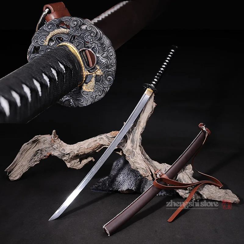 KATANA Складные Катана из стали настоящий меч ПУ оболочка острый край с желобком Полный Тан японские мечи реквизит Самурайское оружие - Цвет: KATANA