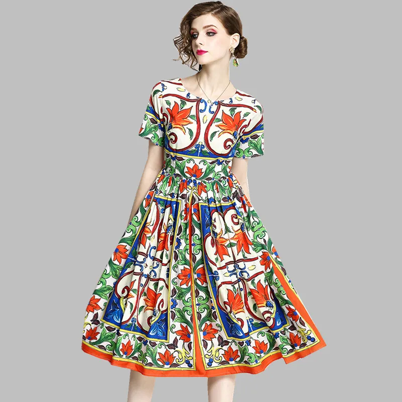 HAMALIEL New Designer Runway Ball Gown Party Dress 2019 Summer Women Print Flowers Short Sleeve Vintage Slim High Waist | Женская одежда
