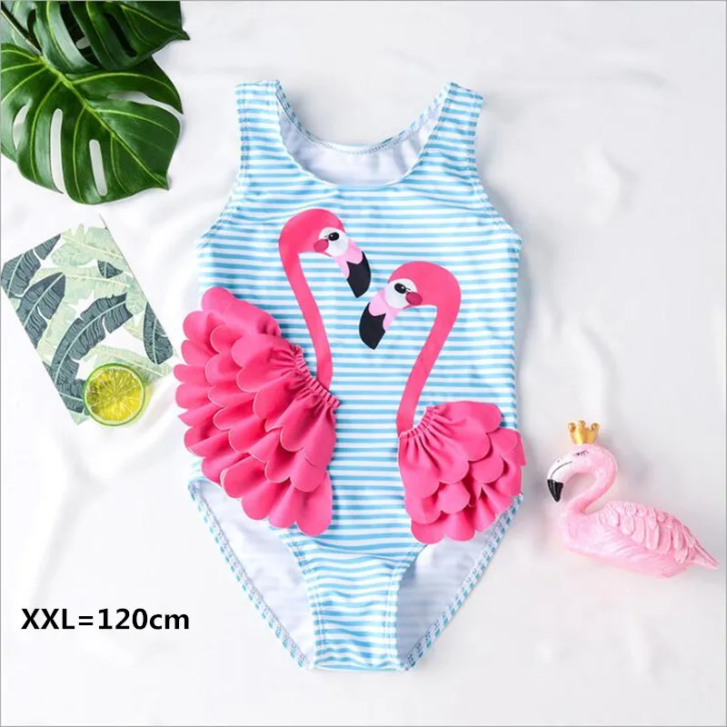 XXL 4-5years Детский купальник для девочек с изображением фламинго и рюшами; детский купальник с милыми героями мультфильмов; быстросохнущее цельное бикини в полоску; YZ19003 - Цвет: XXL 4-5years