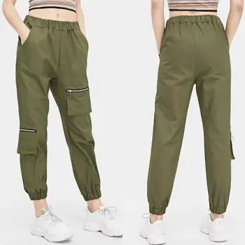

2020 women trousers elastic waist large pockets sports pants army pants ankle tied army green overalls women trousers A12