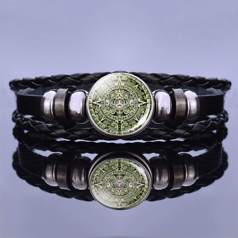 Black Leather Bracelet Aztec Jewelry Mayan Calendar Mexican Glass Cabochon Handmade Bracelet Mayan Jewelry Friends Gift - Окраска металла: 2