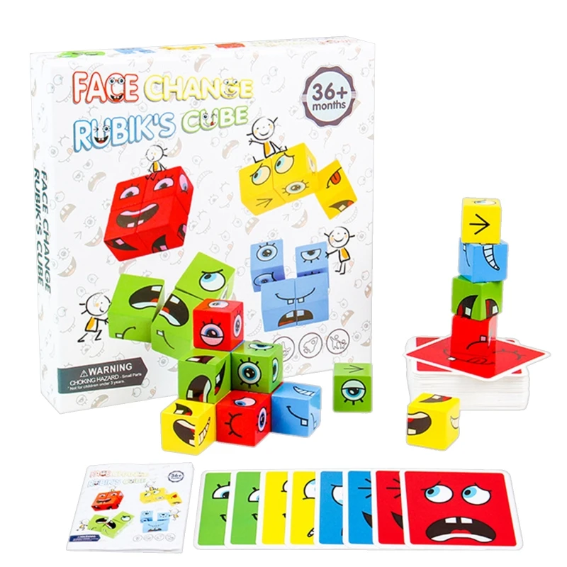 

Wooden Expression Puzzle Building Block Magic Face Changing Montessori Education