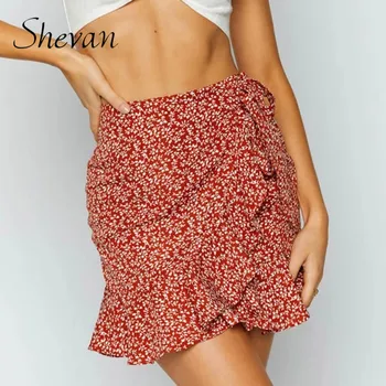 

Shevan Wrap Skirt Womens Mini Sexy Ruffle Vintage Floral Printed Sashes Tunic Retro High Waist Summer Boho Skirt Women