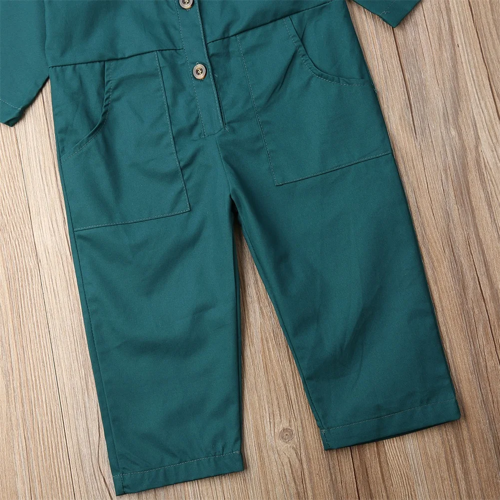 1-6years Children Casual Jumpsuits Spring Autumn Button Baby Girls Rompers Solid Yellow Green One Piece Rompers For Boys Outfits