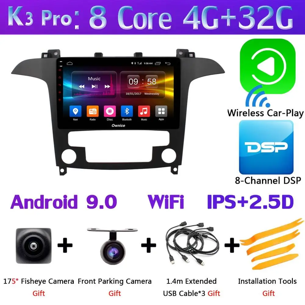 K3 Pro CarPlay 360 ° панорамная 4 × камера 4G LTE 4G+ 64G Android 9,0 Автомобильная Мультимедийная радио для Ford S-Max S Max 2007 2008 gps навигация DSP CarPlay - Цвет: K3 Pro CarPlay