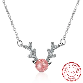 

Cute Natural Strawberry Crystal Antler Necklace 925 Sterling Silver Animal Clavicle Chain Necklace For Women