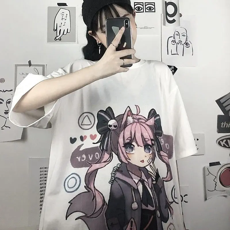 Белая японская футболка уличная одежда женские милые футболки в стиле Харадзюку
