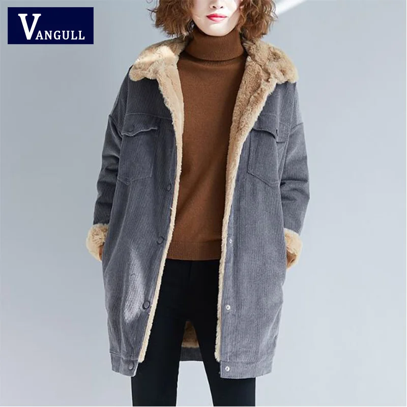 Серый Vangull/осенне-зимняя Вельветовая Базовая длинная куртка-бомбер из овечьей шерсти Женская куртка с длинными рукавами Повседневная однобортная куртка - Цвет: Серый