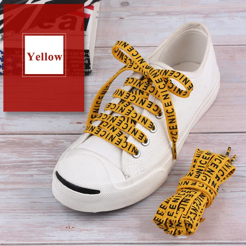 1 пара шнурков с буквенным принтом; дизайн; Уличная обувь на плоской подошве с принтом; кружевные парусиновые кроссовки; эластичные шнурки; цвет белый, черный - Цвет: Цвет: желтый