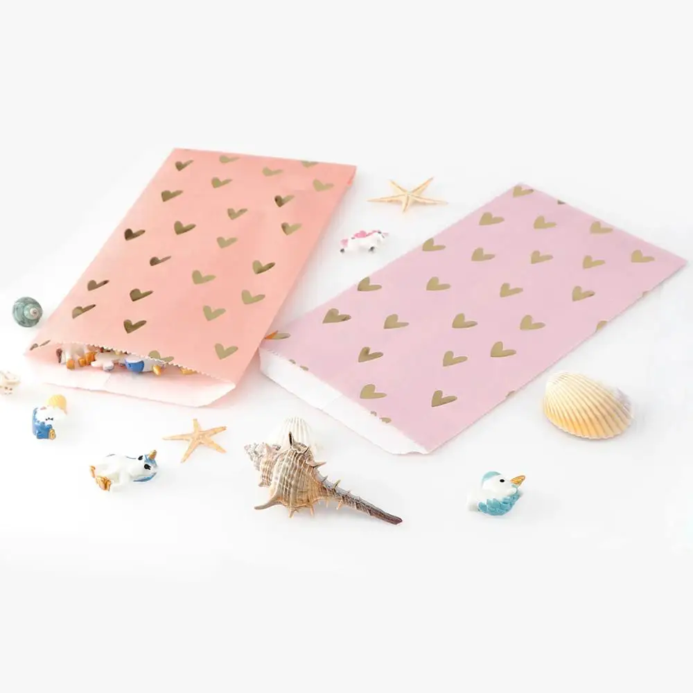 

12pcs Candy Bags Candy Gift Paper Bag Pink and Gold Foil Heart Greeting Cards Cookie Bags Gift Bags Birthday Christmas PartyDeco