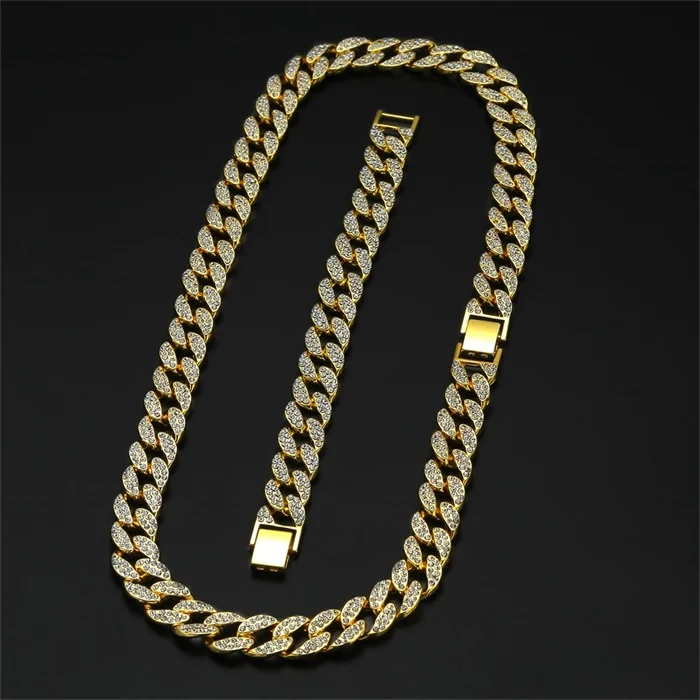 15 мм в стиле хип-хоп, в стиле Майями, с кубинской цепочкой, ожерелье, браслет золотой серебряный, со стразами, CZ Bling, рэперские цепочки, мужские ювелирные изделия - Окраска металла: GoldNecklaceBracelet