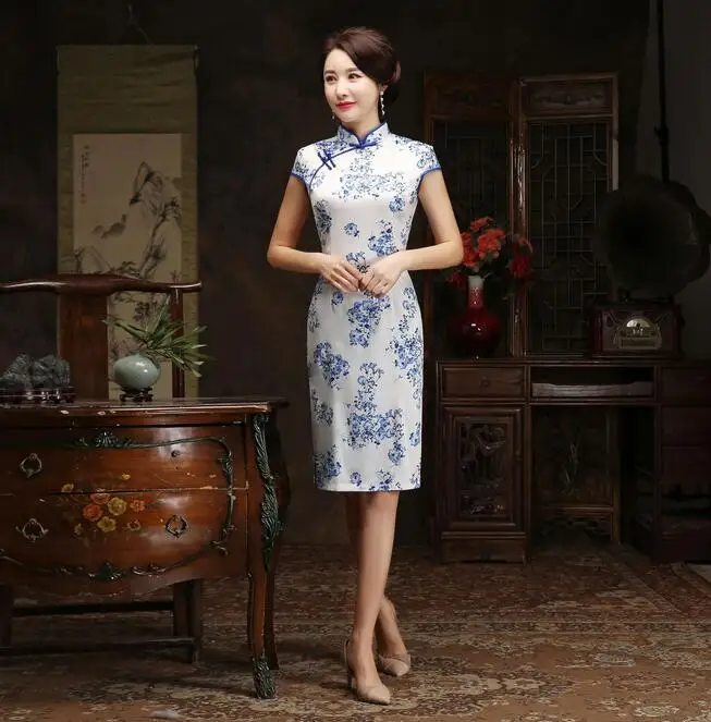 Китайский традиционный стиль Cheongsam элегантное женское платье ручной работы на пуговицах воротник стойка сексуальная длина до колена платье Размер m-xxxl - Цвет: 019