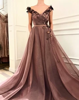 

Brown Muslim Evening Dresses 2019 A-line Deep V-neck Tulle Flowers Beaded Islamic Dubai Saudi Arabia Long Evening Gown Prom