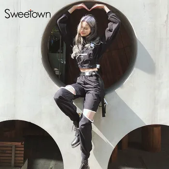 

New Sexy Black Punk Gothic Streetwear Cargo Pants Women Zipper Open Buckle Trousers High Waist Hippie Sweat Pants Autumn Winter