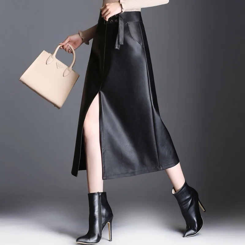 Women PU Skirt 2020 Solid Black Autumn Split Mid Length Skirts High Waist OL Quality Office Lady Female Clothes | Женская одежда