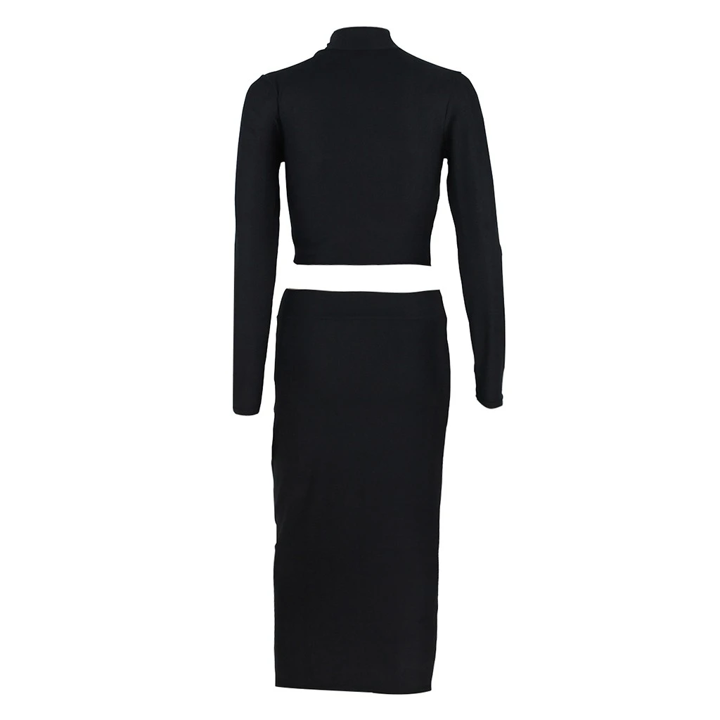 New Mid-Calf Dress Women Autumn O-Neck High Collar Long Sleeve Solid Sexy Two-Piece Tops And Skirt Suit Girl Ladies 729