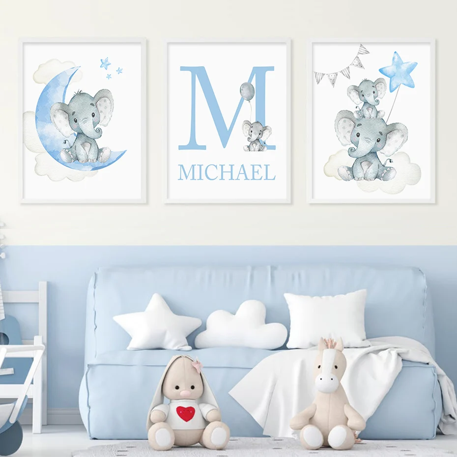 Customized Name Blue Green Moon Gray Elephant Posters Nursery