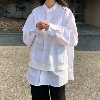 

IMucci 2020 Women Blouse New Spring Stand Collar Full Sleeves Loose Big Size Irregular Korean Female White Shirt Tide TM1010